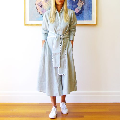 Lillie Sage & White Fine Stripe Linen Mix Dress with Ric Rac Belt.