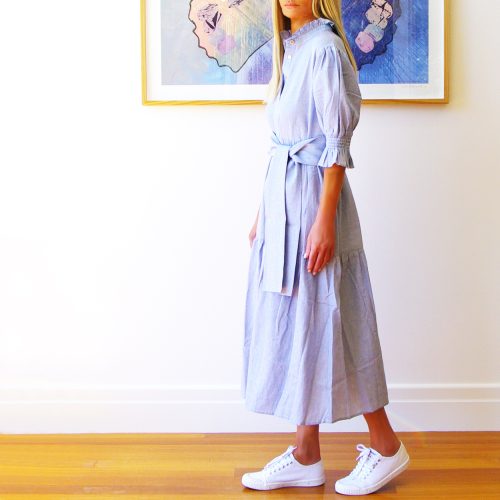 Lottie Blue & White Fine Stripe Linen Mix Dress with Belt (Side).